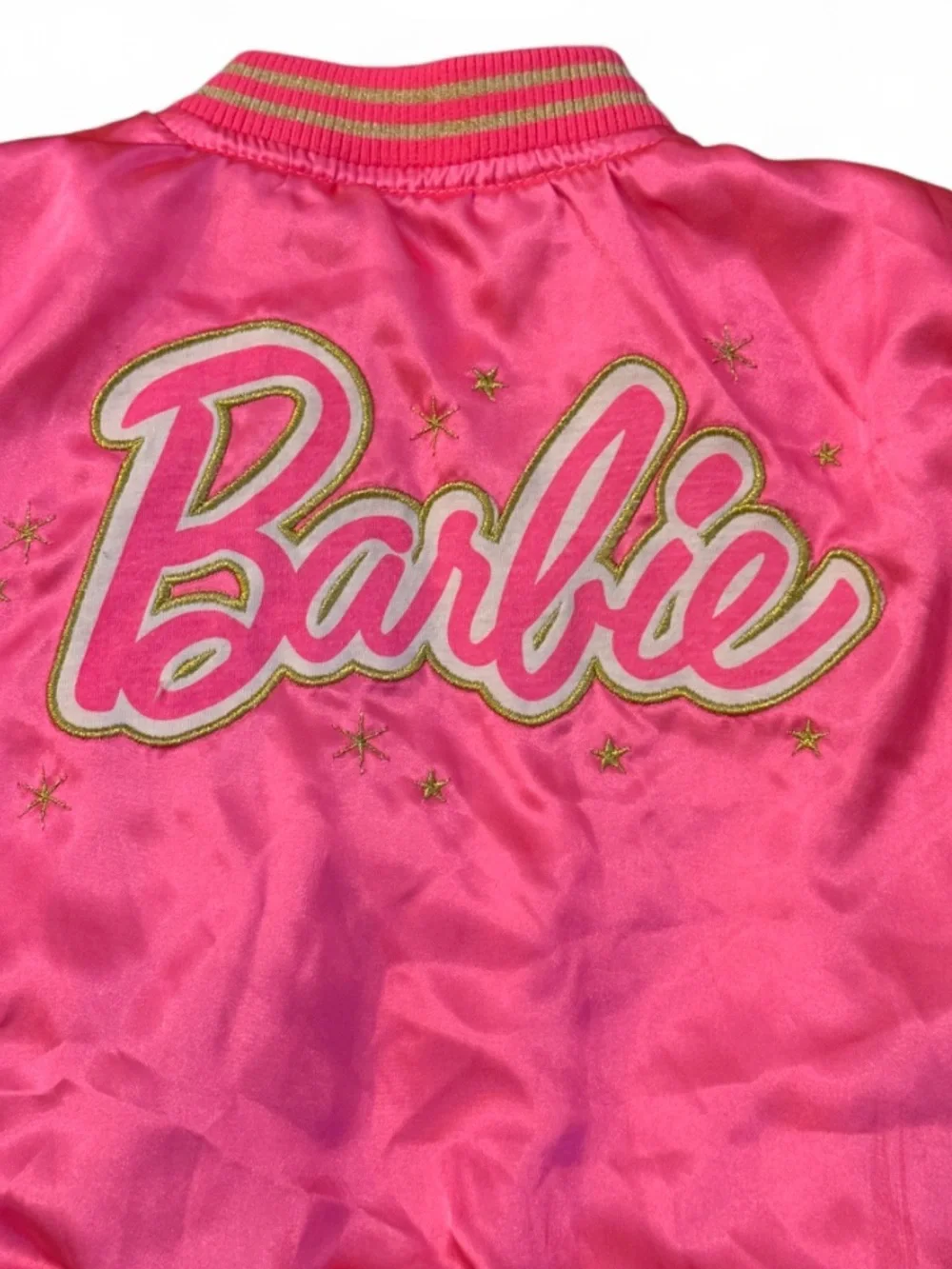 Barbie Pink Satin Bomber Jacket with Striped Trim